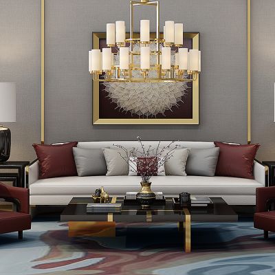 后现代新中式沙发茶几台灯吊灯组合
