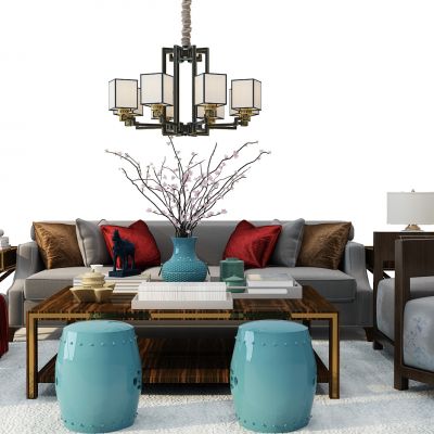 中式沙发茶几鼓凳