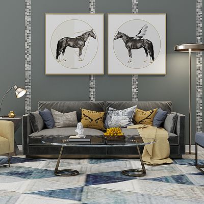 现代布艺沙发休闲椅挂画落地灯组合