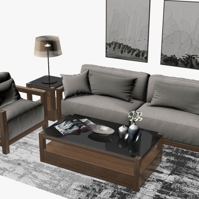 北欧布艺沙发装饰画台灯茶几组合