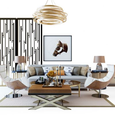 现代简欧式沙发茶几屏风组合