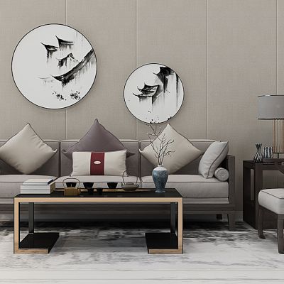 新中式沙发茶几挂画马灯落地灯