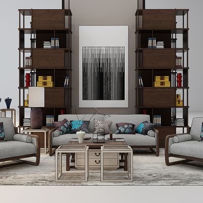 新中式沙发茶几装饰柜书柜组合