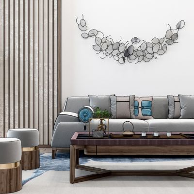 新中式多人沙发茶几圆墩花架组合