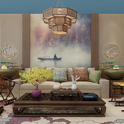 新中式沙发茶几椅子组合