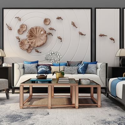 新中式沙发茶几组合鱼群荷花挂件