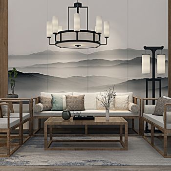 新中式沙发茶几落地灯组合