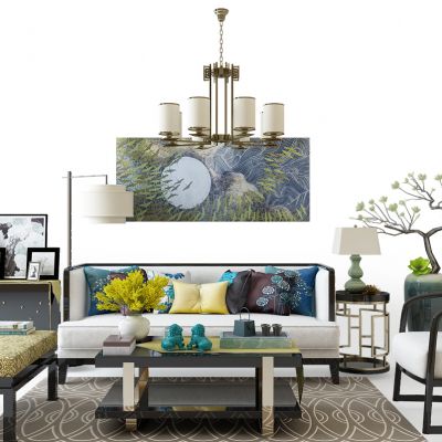 现代中式沙发组合电视柜花瓶陶罐