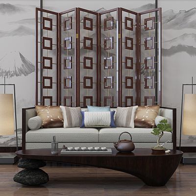 新中式沙发茶几隔断落地灯禅意茶几桌子