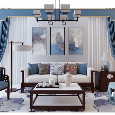 现代中式沙发圆凳