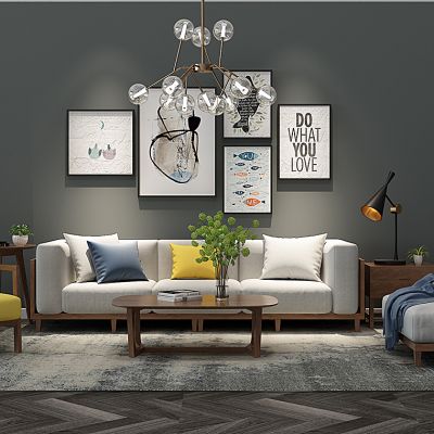 北欧沙发茶几吊灯花瓶摆件组合