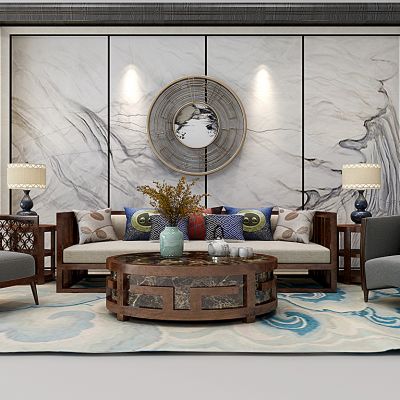 新中式沙发单茶几鼓凳