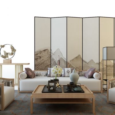 新中式沙发组合屏风