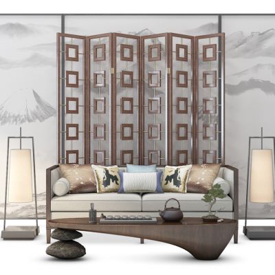 新中式沙发屏风组合