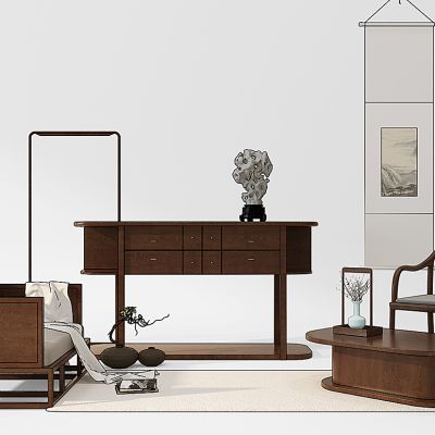 新中式沙发椅子边几挂画摆件