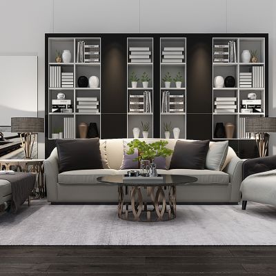 现代沙发茶几书柜挂画组合