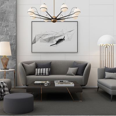 现代沙发茶几落地灯台灯吊灯组合