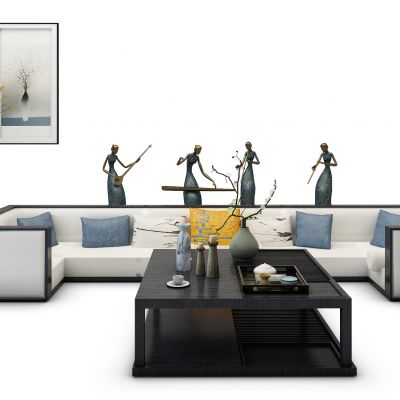 现代中式沙发茶几雕塑.