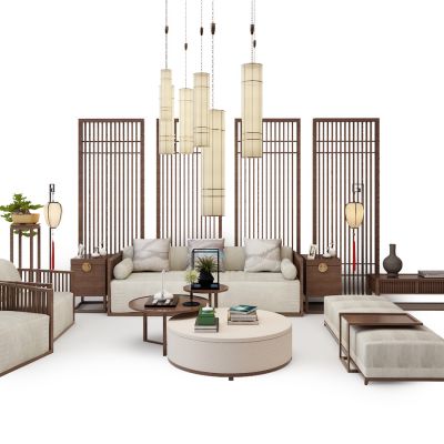 中式沙发电视柜吊灯屏风组合