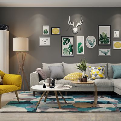 北欧沙发茶几落地灯空调挂画鹿头客厅