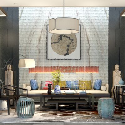 新中式沙发茶几休闲椅组合