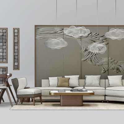 新中式餐桌椅沙发茶几云形吊灯组合