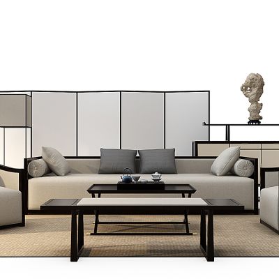 新中式布艺沙发茶几装饰柜组合