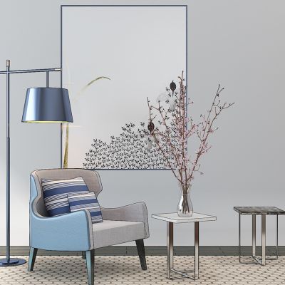 现代布艺休闲沙发椅边几落地灯装饰画组合