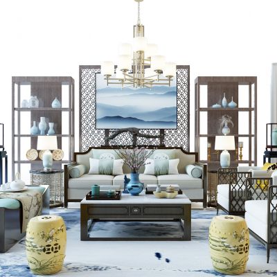 中式沙发组合圆墩书柜