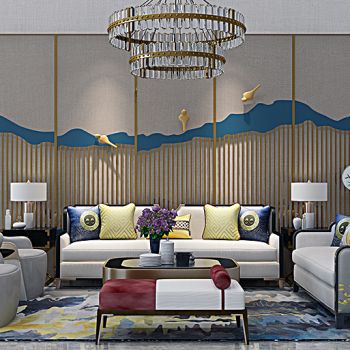 新中式沙发茶几屏风吊灯组合