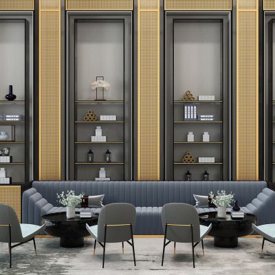 新中式大堂休闲区沙发茶几组合书柜