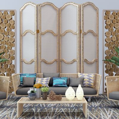 东南亚藤编沙发茶几屏风木桩组合