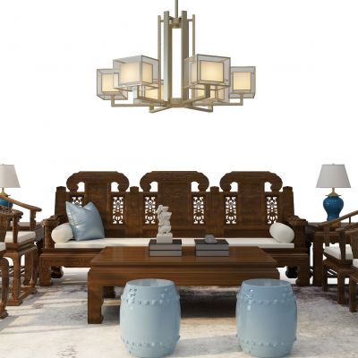 中式实木沙发茶几吊灯鼓凳