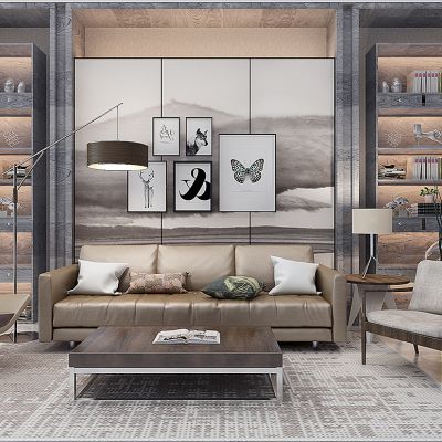 现代沙发茶几书柜落地灯摆件花瓶组合