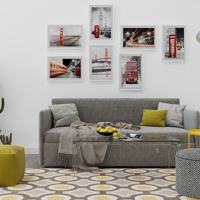 现代布艺沙发凳子茶几仙人掌盆栽组合