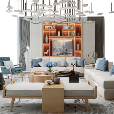 现代中式沙发茶几吊灯书柜组合