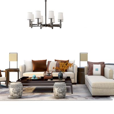 现代中式沙发电视柜组合