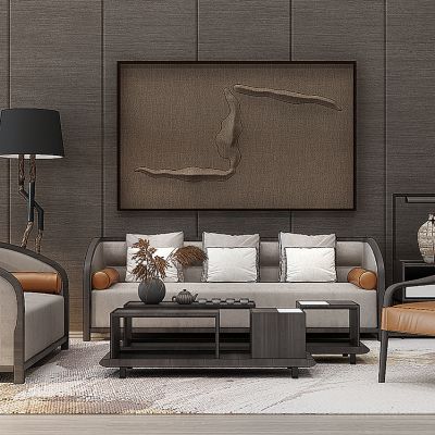 新中式沙发茶几落地灯椅子组合