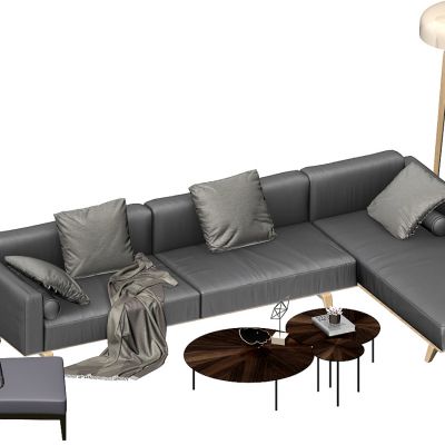 北欧布艺转角沙发茶几落地灯组合