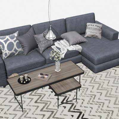 北欧布艺转角多人沙发茶几组合