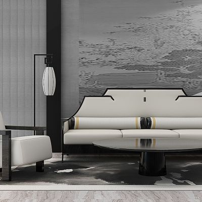 新中式客厅沙发椅落地灯组合