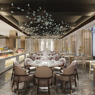 新中式自助餐厅早餐厅餐台水果果盘树枝吊灯