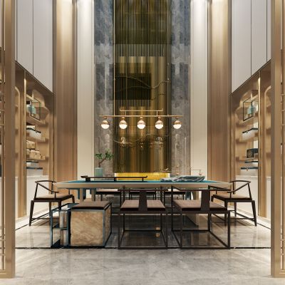 现代新中式茶室休闲区茶桌椅组合吊灯