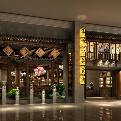 中式餐厅门头大门灯笼亭子牌匾屋檐