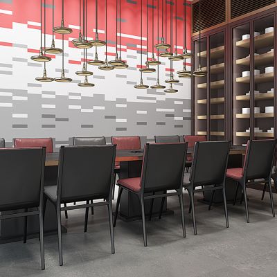 现代酒柜餐厅餐桌椅吊灯组合