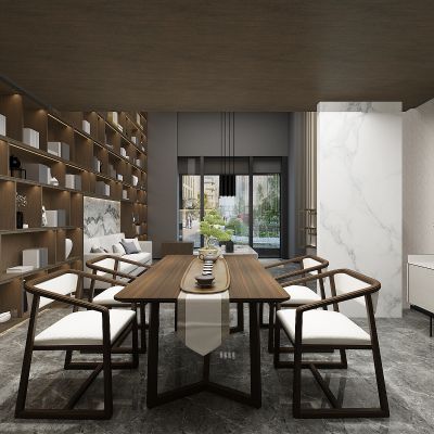 新中式会所茶室品茶区书柜