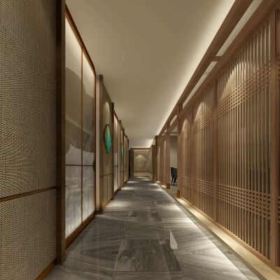 新中式餐饮包间走廊木格栅