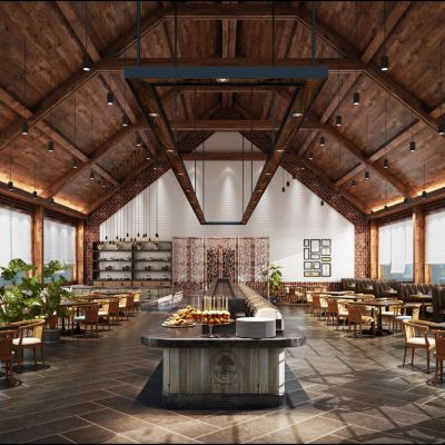 现代中式餐厅3D模型