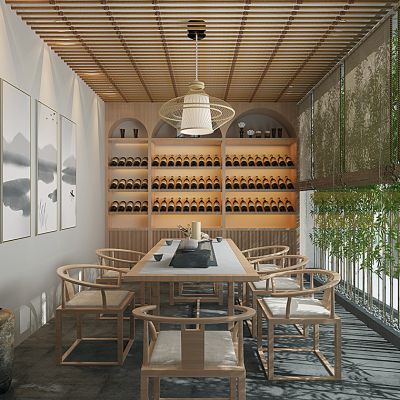 新中式茶室茶桌椅陶罐摆件竹帘酒柜