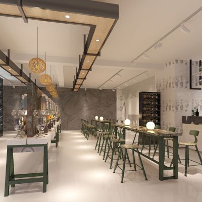 新中式自助餐厅餐桌椅卡座迎客松水景